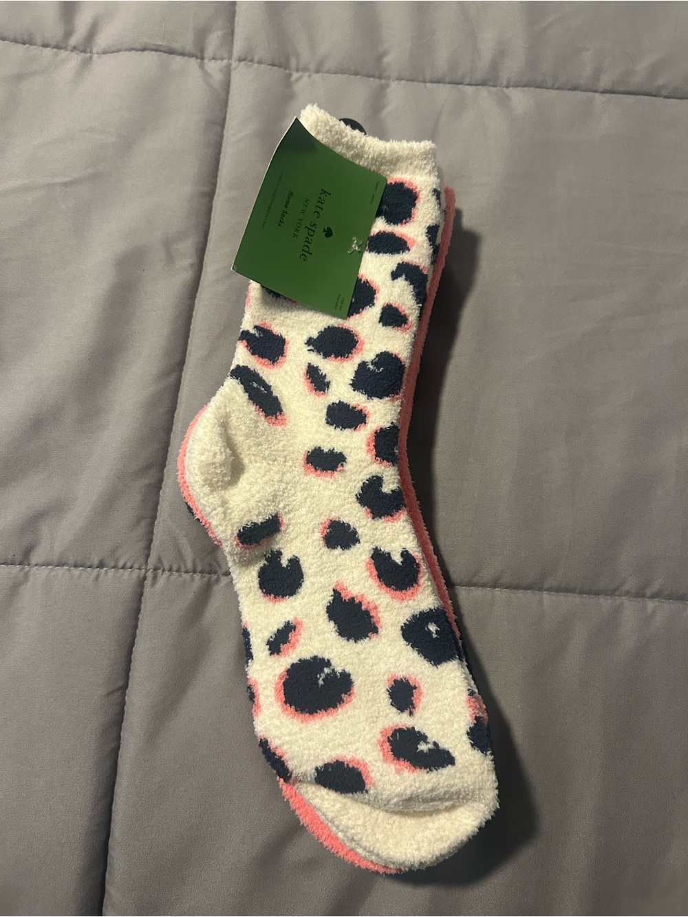 kate spade cream, navy & pink fuzzy leopard home socks